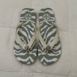 Tory Burch Gray and Cream Zebra Flip Flops